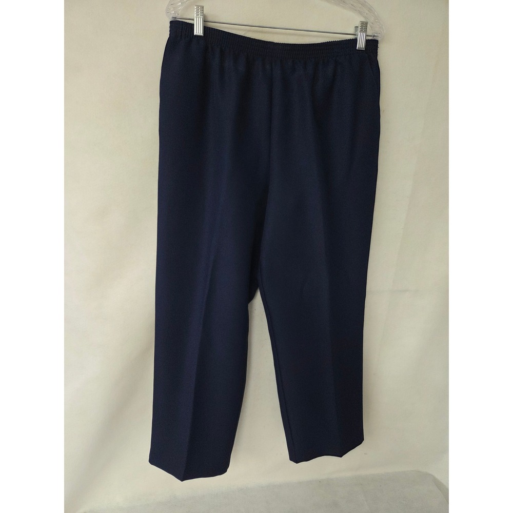 Alfred Dunner Women 16 Navy Blue Elastic Waist Pull On Straight Leg Pants Pocket